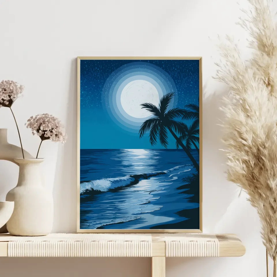 Poster von ruhigem Meer bei Nacht mit Vollmond und Sternenhimmel