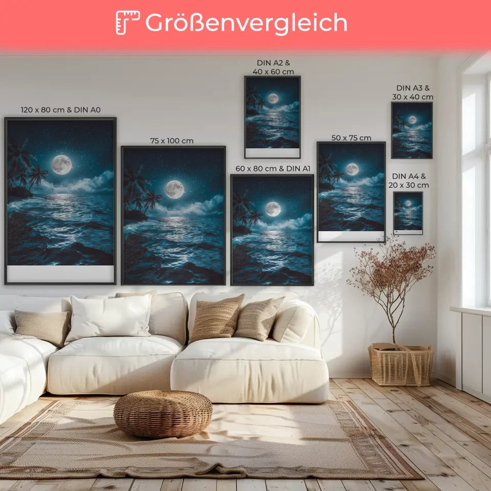 Ruhiges Meer Poster mit Vollmond und Palmen