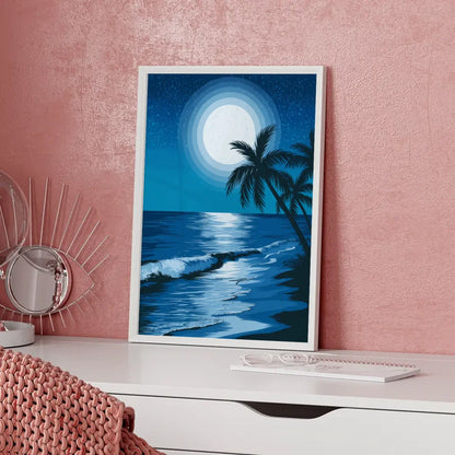 Poster von ruhigem Meer bei Nacht mit Vollmond und Sternenhimmel