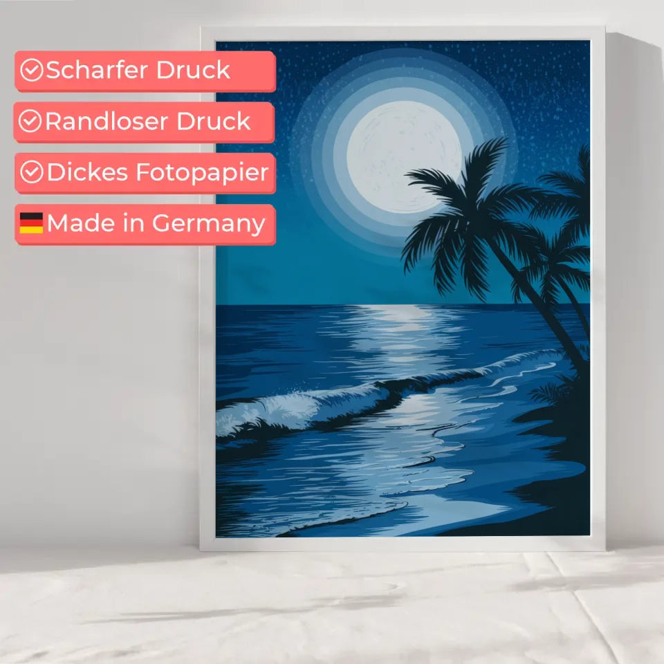 Poster von ruhigem Meer bei Nacht mit Vollmond und Sternenhimmel