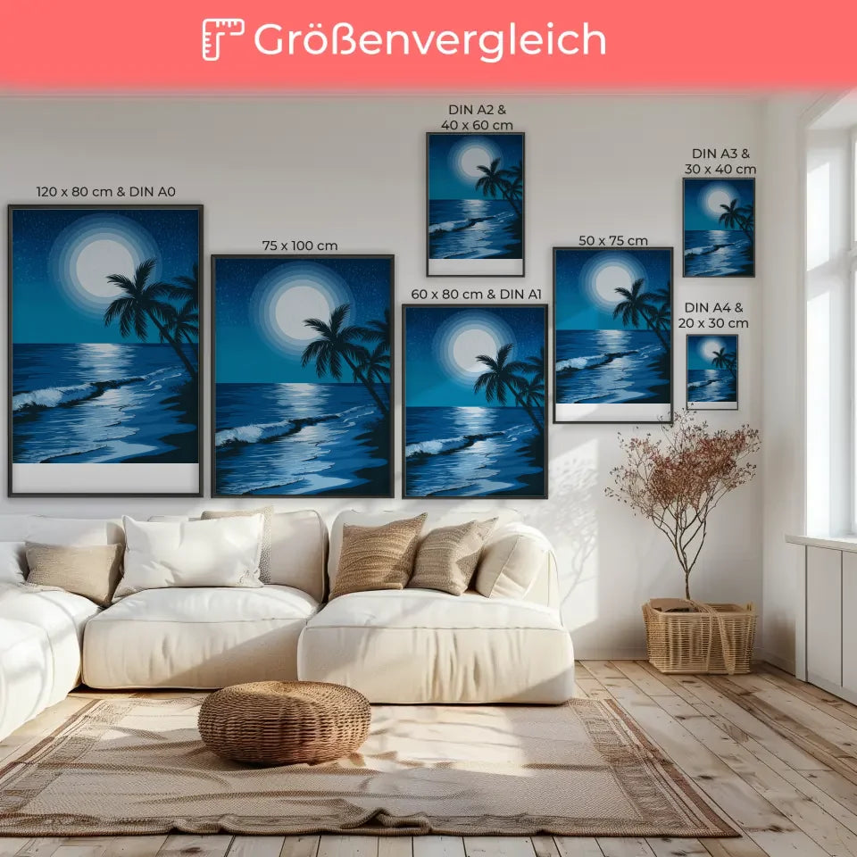 Poster von ruhigem Meer bei Nacht mit Vollmond und Sternenhimmel