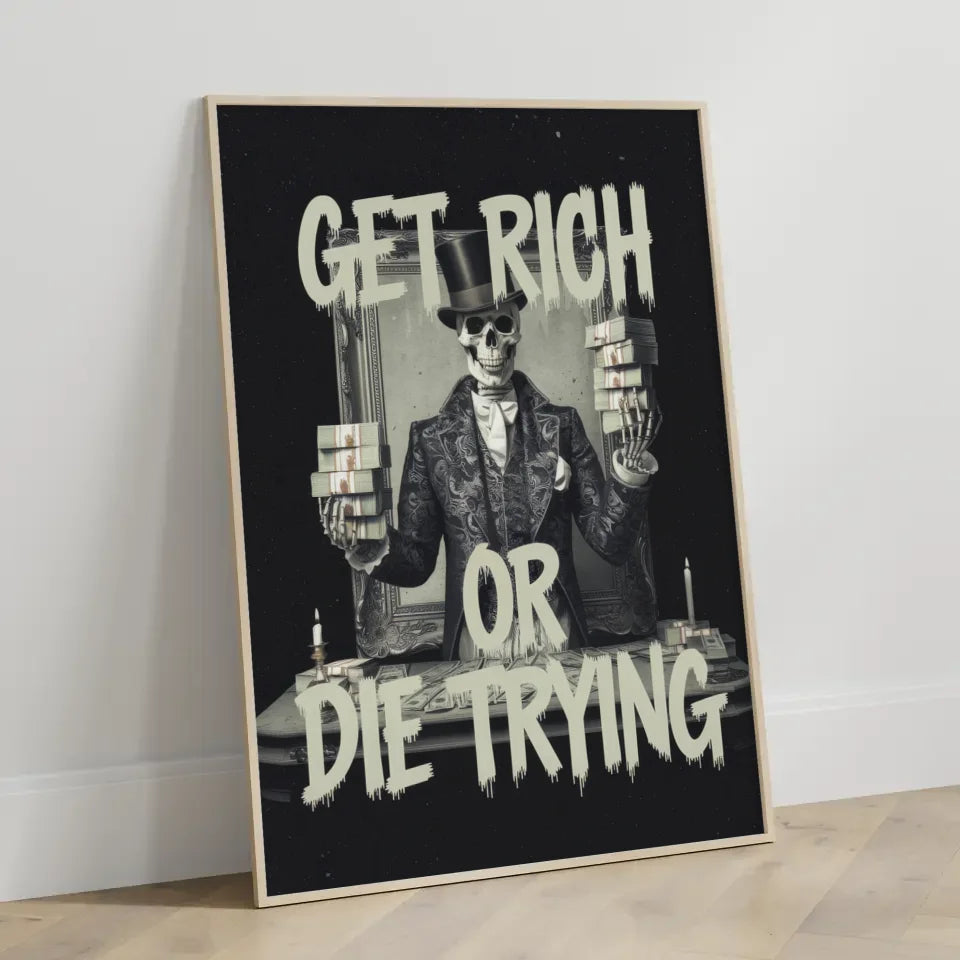 Poster Skelettfigur Geldmotiv mit Graffiti Stil Kunstwerk