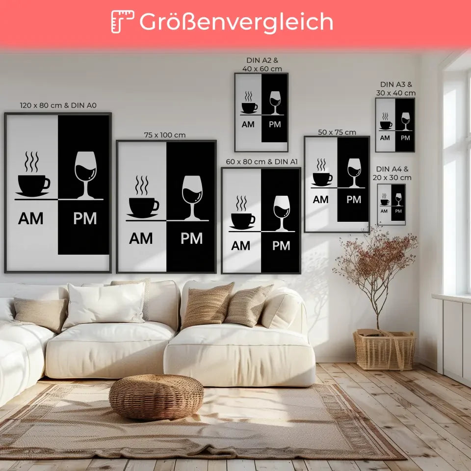 Poster AM PM Kaffeetasse Weinglas Kontrastmotiv