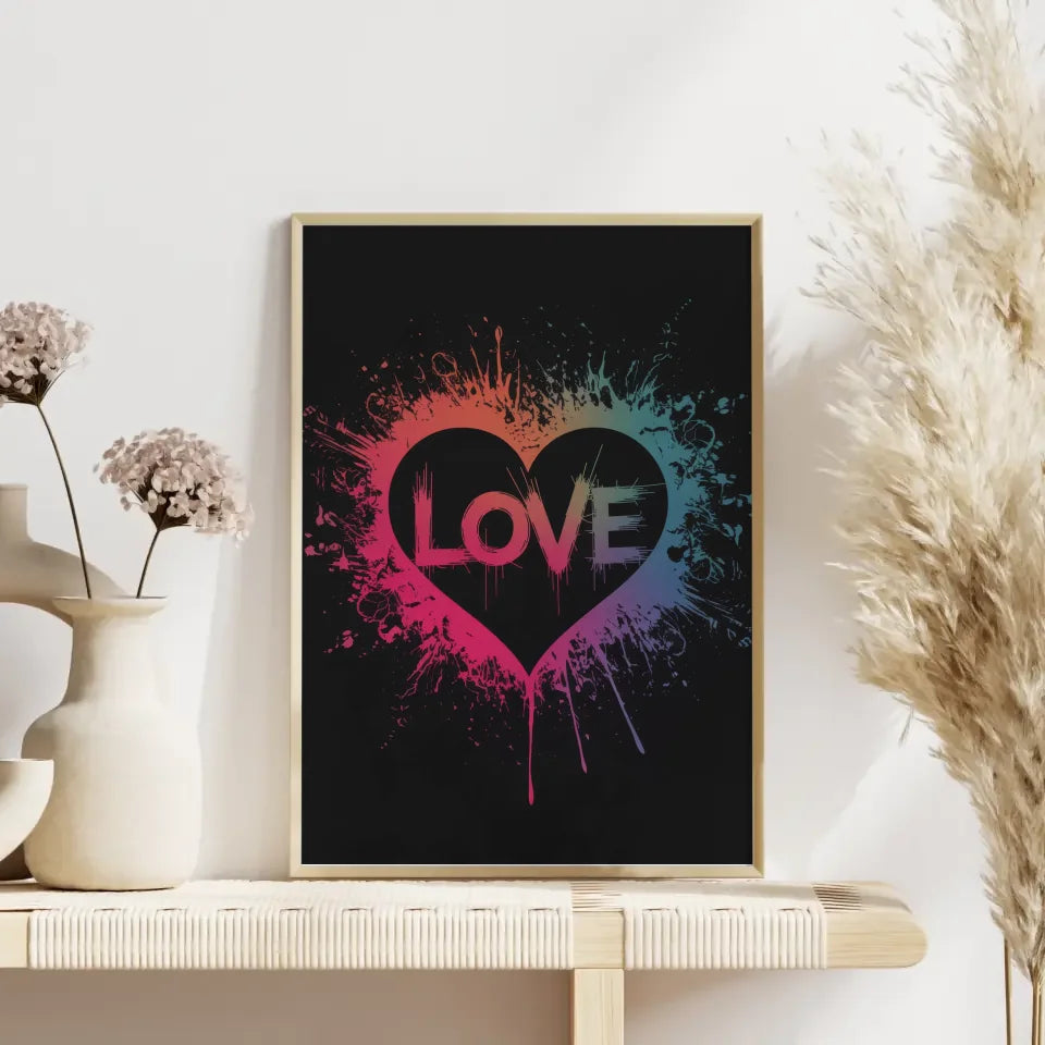 Düstere Fantasy Poster mit buntem Herz und Love Schriftzug 4