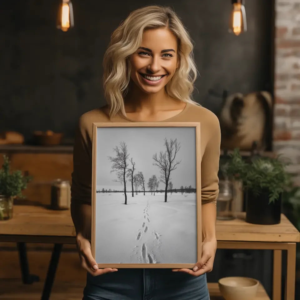 Winterlandschaft Poster mit kahlen Bäumen und Fußabdruck im Schnee