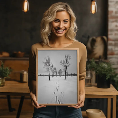 Winterlandschaft Poster mit kahlen Bäumen und Fußabdruck im Schnee