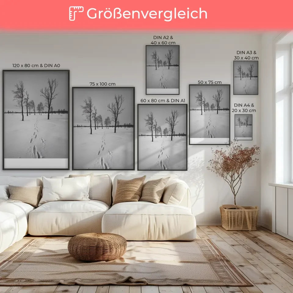 Winterlandschaft Poster mit kahlen Bäumen und Fußabdruck im Schnee