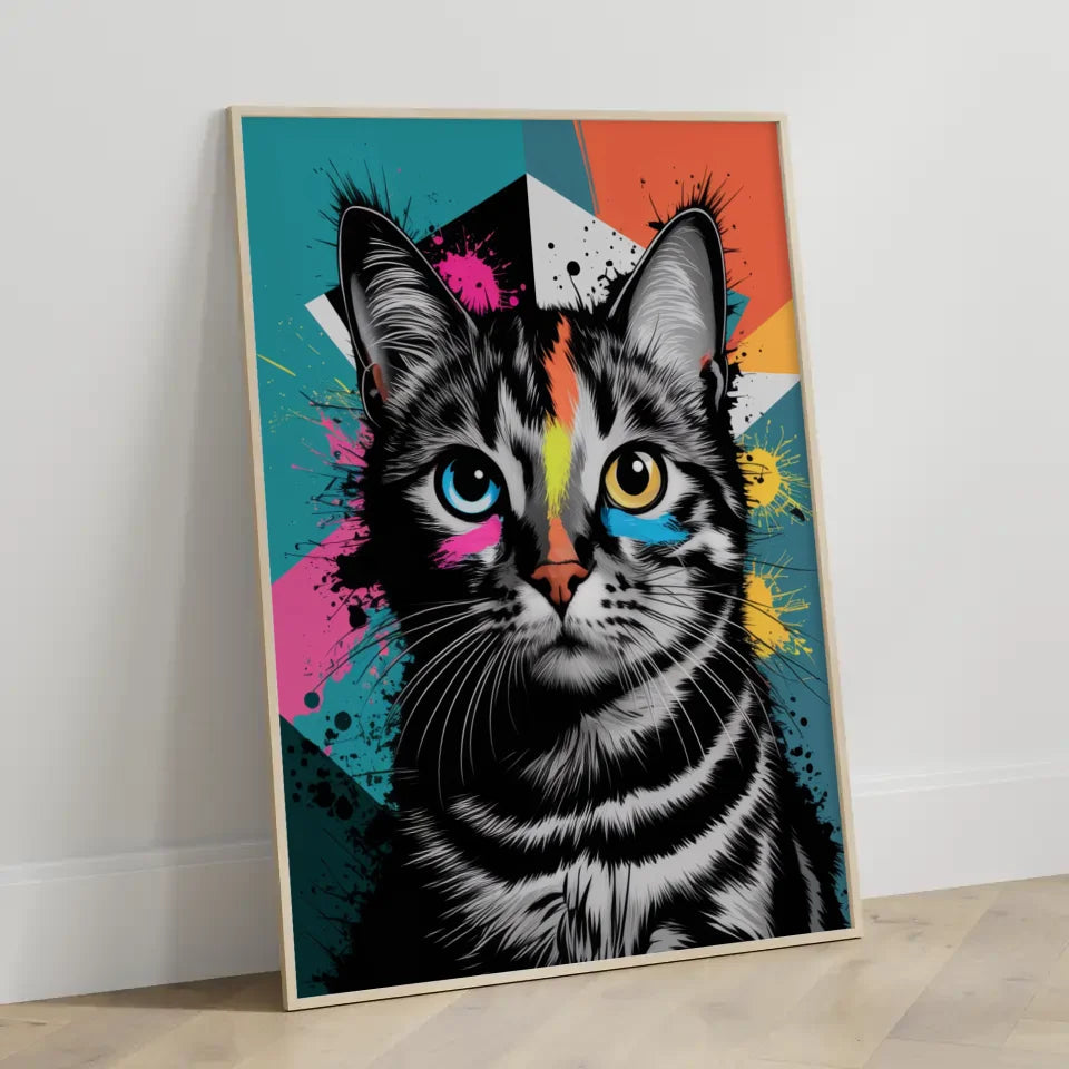 Poster Katze mit buntem, abstraktem Hintergrund kaufen