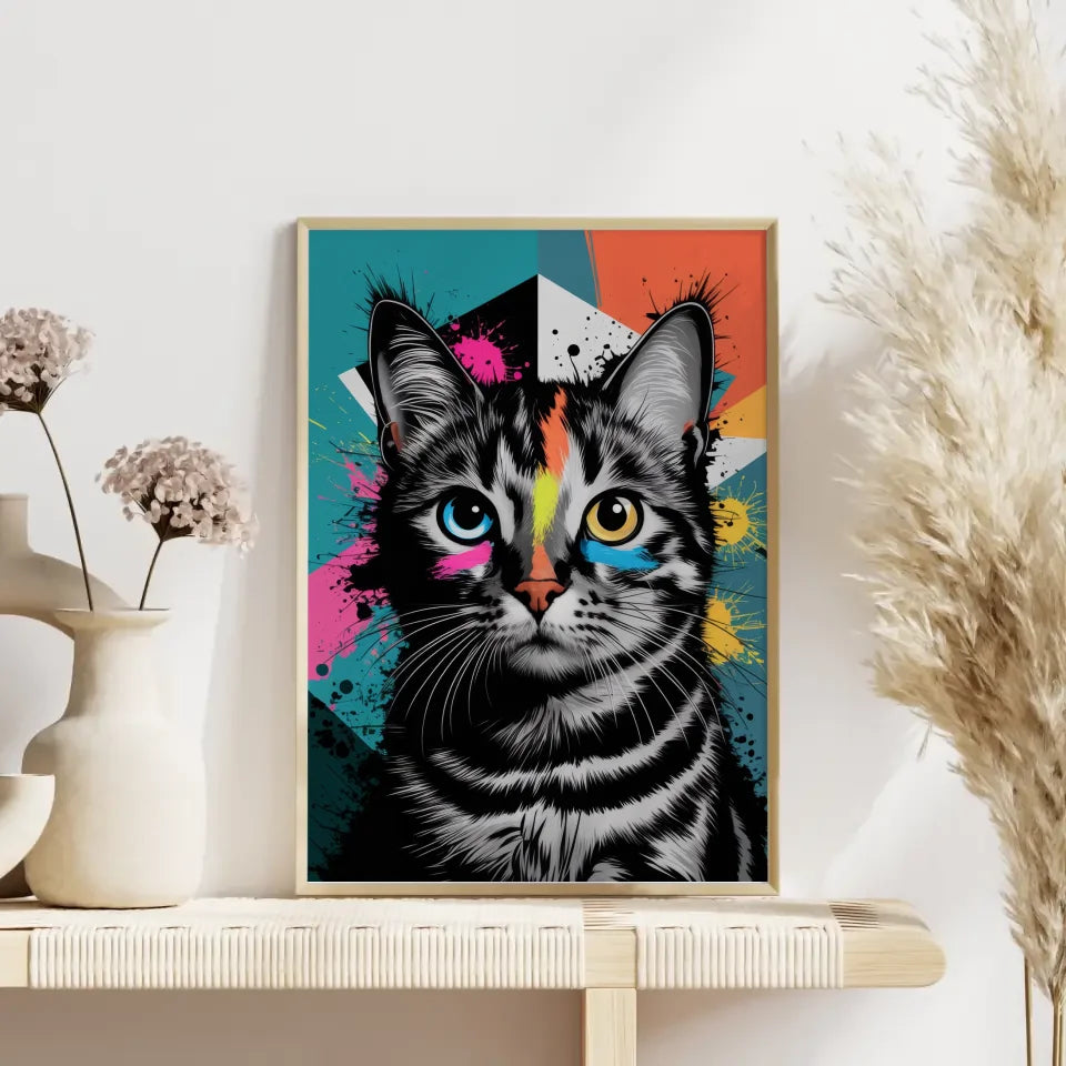 Poster Katze mit buntem, abstraktem Hintergrund kaufen