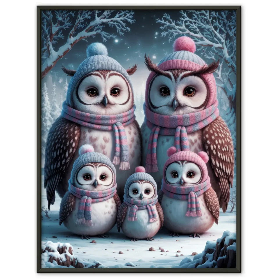 Poster Eulenfamilie im Schnee flauschig und freundlich 1