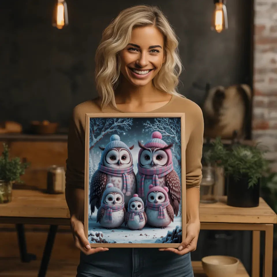 Poster Eulenfamilie im Schnee flauschig und freundlich 2