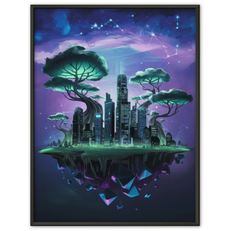 Neonstadt Poster mit surrealen Bäumen und Sternen 1