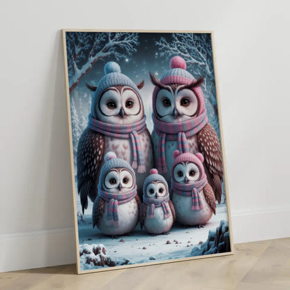 Poster Eulenfamilie im Schnee flauschig und freundlich 3