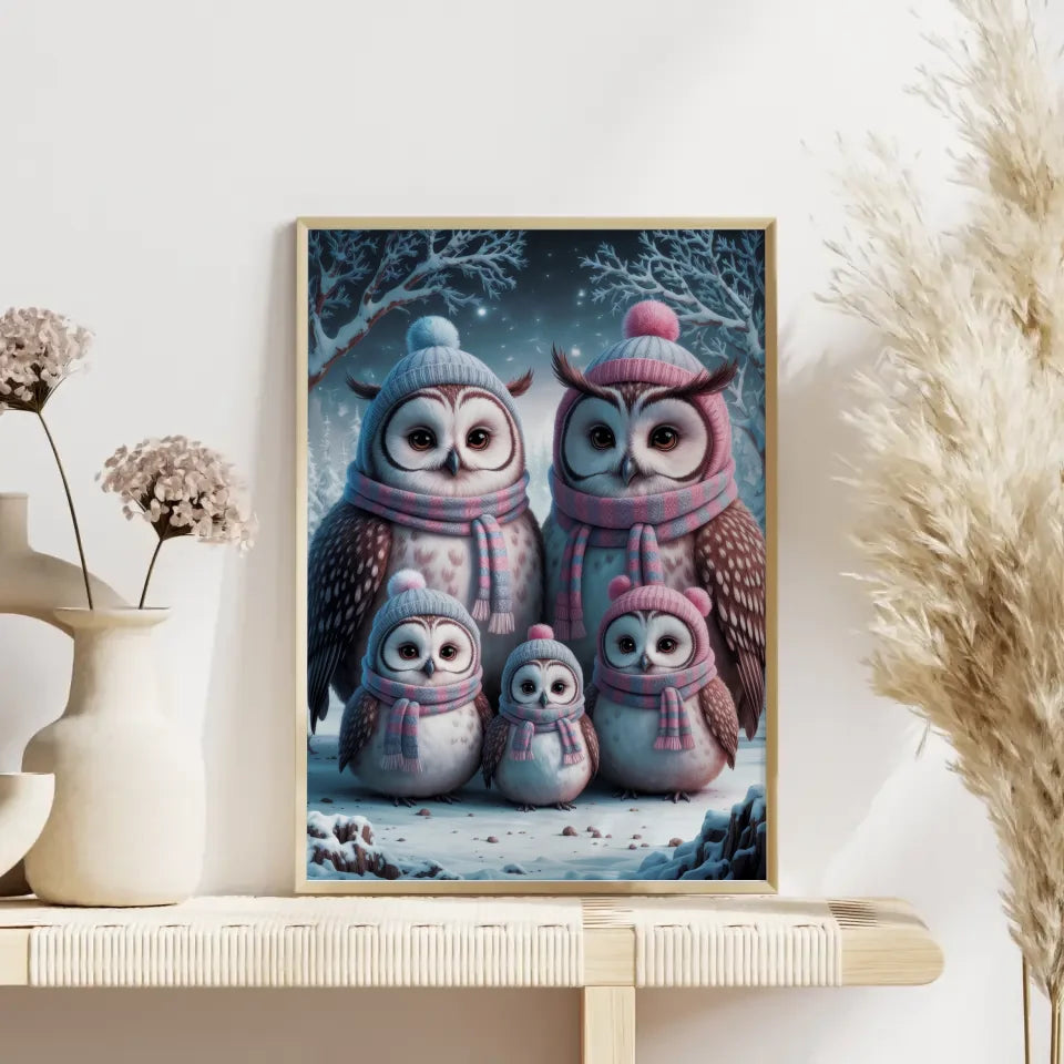 Poster Eulenfamilie im Schnee flauschig und freundlich 4