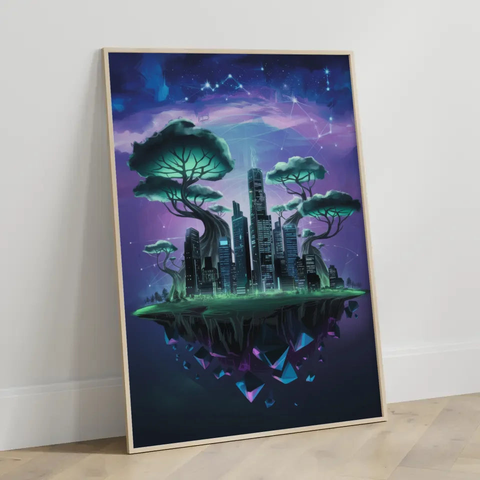 Neonstadt Poster mit surrealen Bäumen und Sternen 3