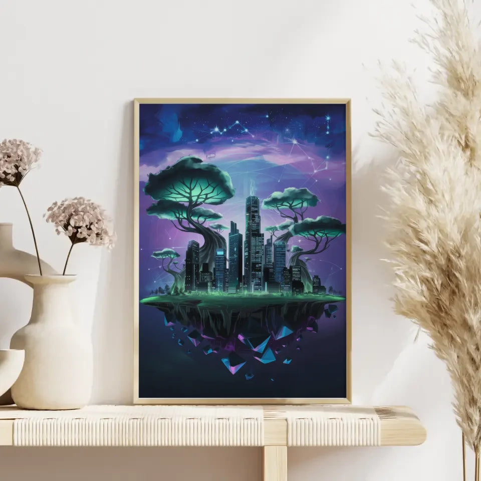 Neonstadt Poster mit surrealen Bäumen und Sternen 4