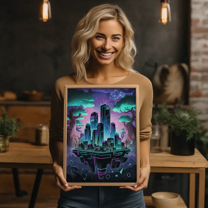 Poster Neonstadt im Fantasy-Stil mit leuchtenden Farben