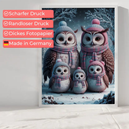 Poster Eulenfamilie im Schnee flauschig und freundlich 6