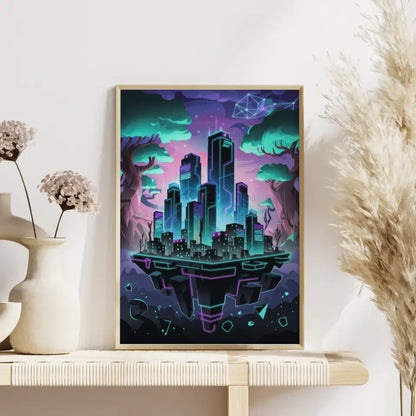 Poster Neonstadt im Fantasy-Stil mit leuchtenden Farben