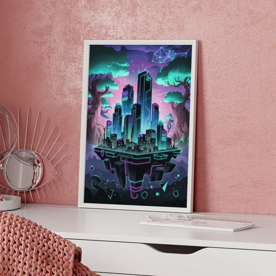 Poster Neonstadt im Fantasy-Stil mit leuchtenden Farben