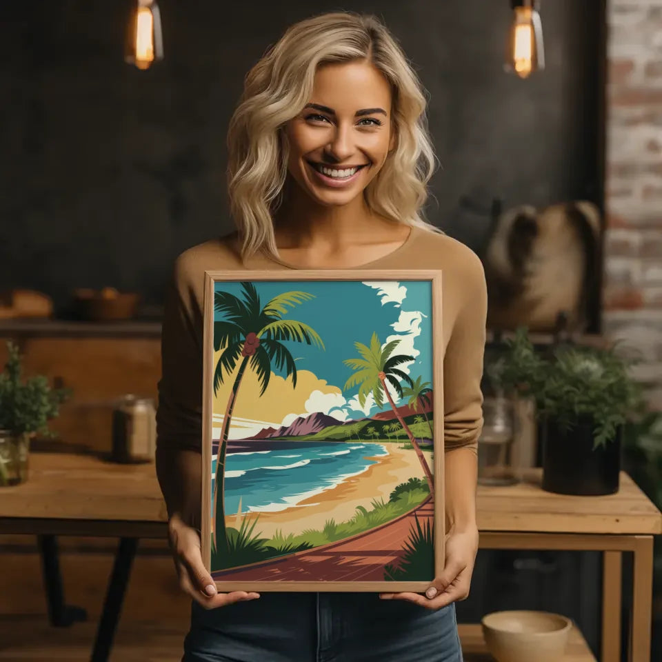 Vintage Poster hawaiianischer Strand mit Palmen und türkisfarbenem Meer 2