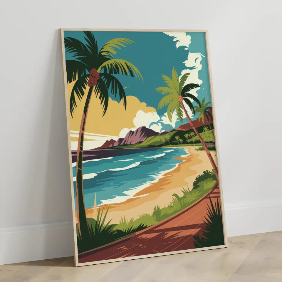 Vintage Poster hawaiianischer Strand mit Palmen und türkisfarbenem Meer 3