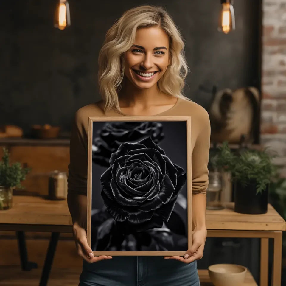 Schwarze Rose Poster mit samtigen Blüten auf dunklem Hintergrund 2