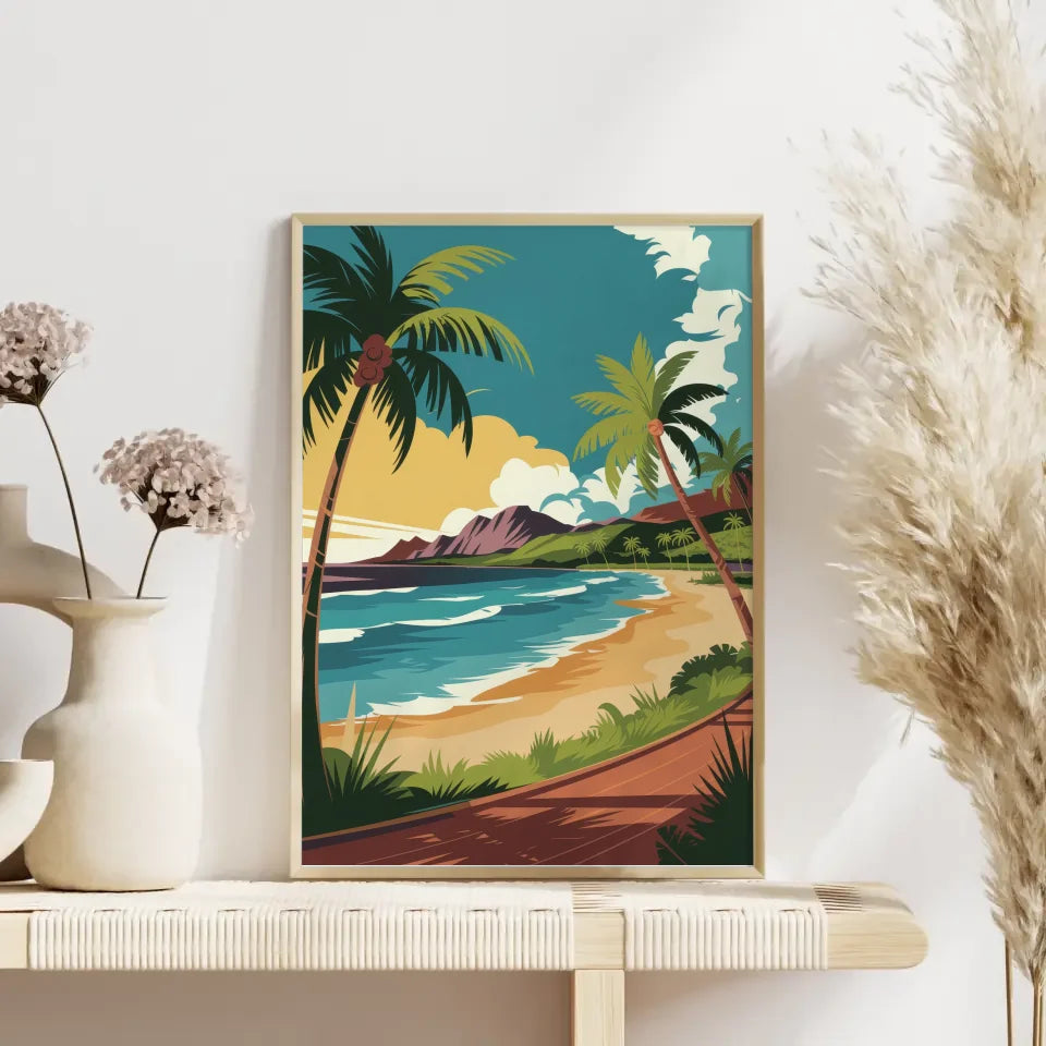 Vintage Poster hawaiianischer Strand mit Palmen und türkisfarbenem Meer 4