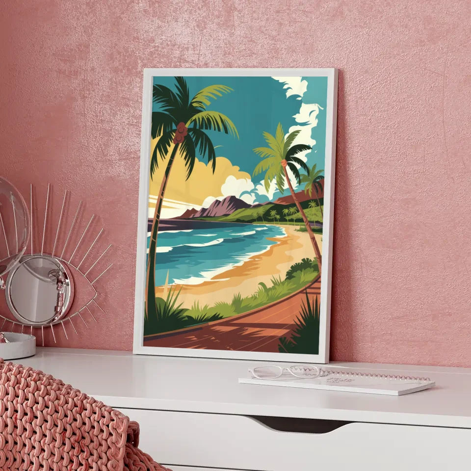 Vintage Poster hawaiianischer Strand mit Palmen und türkisfarbenem Meer 5