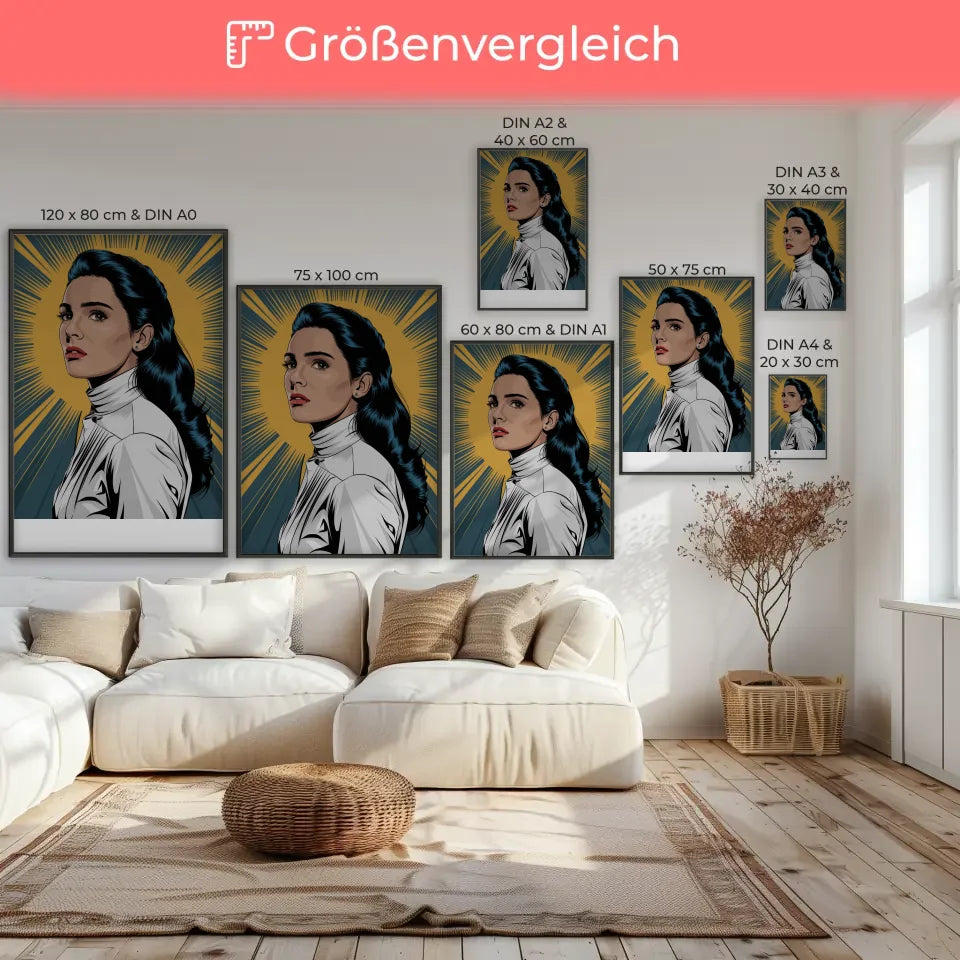 Retro Poster einer Frau mit Sonnen-Hintergrund gestalten