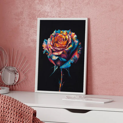 Poster mit lebendiger Rose auf schwarzem Hintergrund im modernen Design