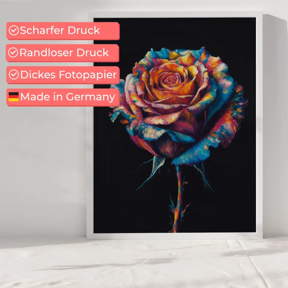 Poster mit lebendiger Rose auf schwarzem Hintergrund im modernen Design