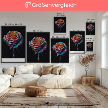 Poster mit lebendiger Rose auf schwarzem Hintergrund im modernen Design