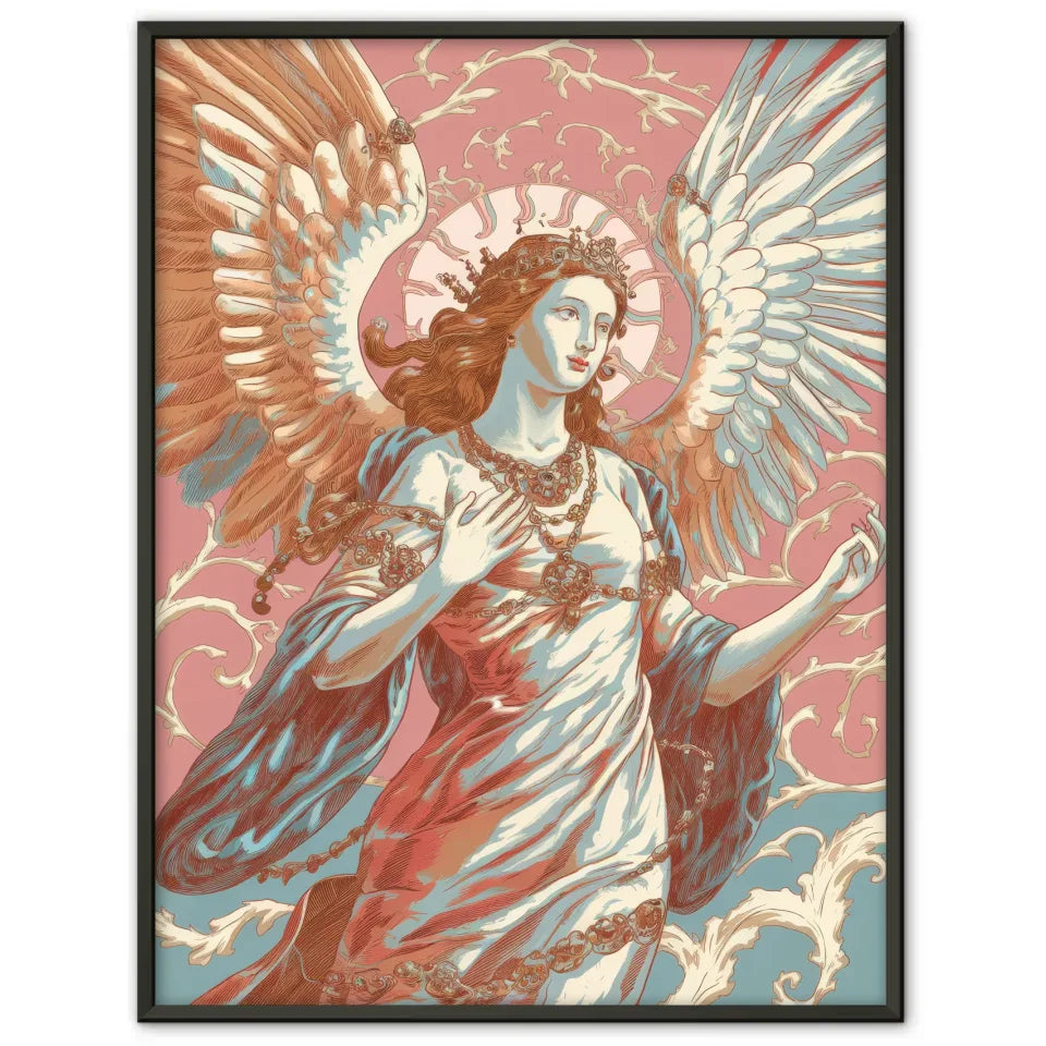 Poster weibliche Figur Engel mit Flügeln in Rosa Blau und Gold