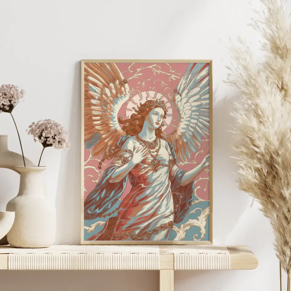 Poster weibliche Figur Engel mit Flügeln in Rosa Blau und Gold