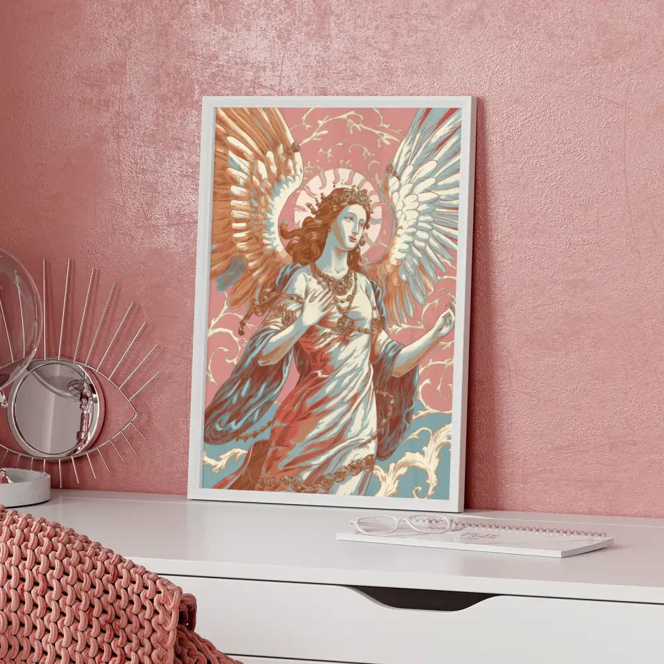 Poster weibliche Figur Engel mit Flügeln in Rosa Blau und Gold