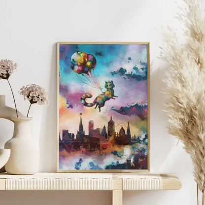 Surreales Poster mit katzenartiger Kreatur über Moskau skyline