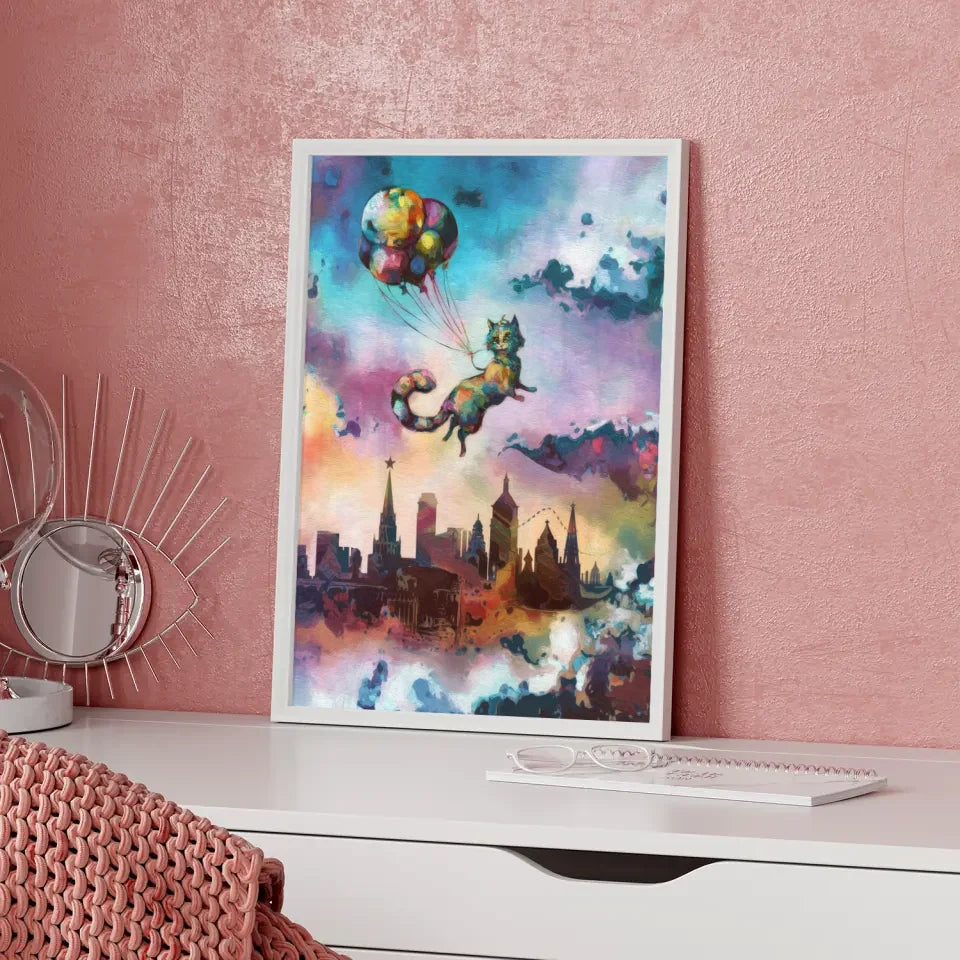 Surreales Poster mit katzenartiger Kreatur über Moskau skyline