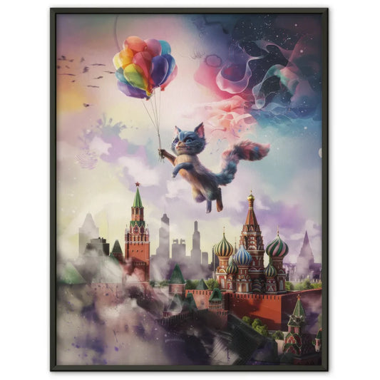 Künstlicher Poster mit surrealer Katzencreatur über Moskaus Skyline 1