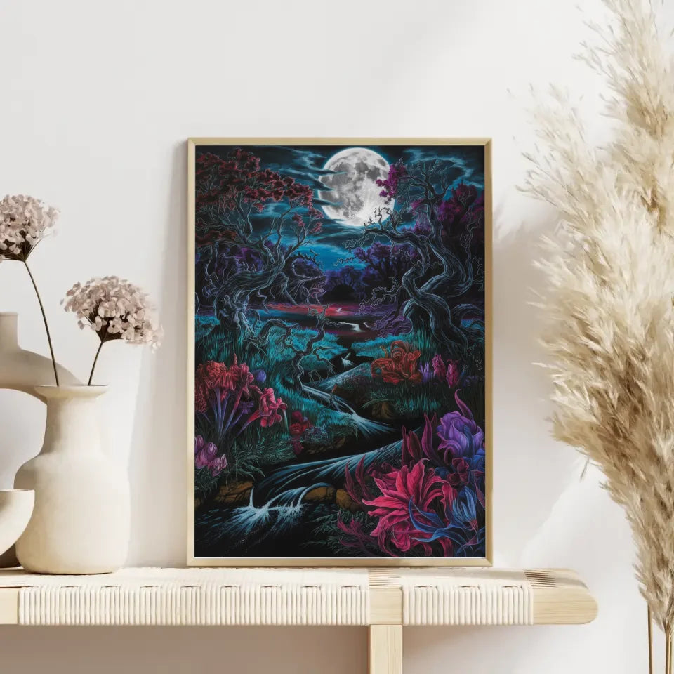 Poster nächtliche Fantasy Landschaft mit Mondschein