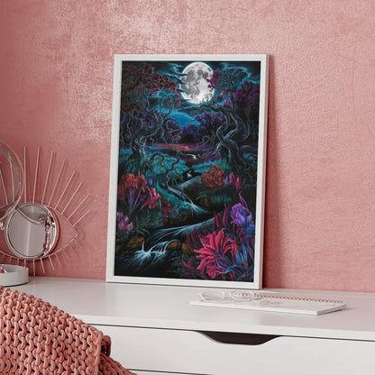 Poster nächtliche Fantasy Landschaft mit Mondschein