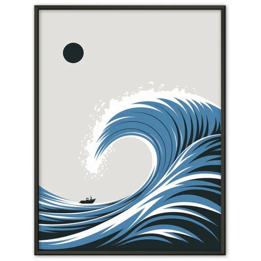 Minimalistisches Poster mit abstrakter Welle und Boot im Wasserfalldesign 1