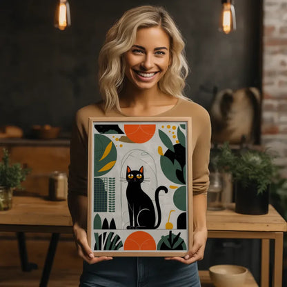 Minimalistisches Poster mit schwarzer Katze und abstrakten Formen 2