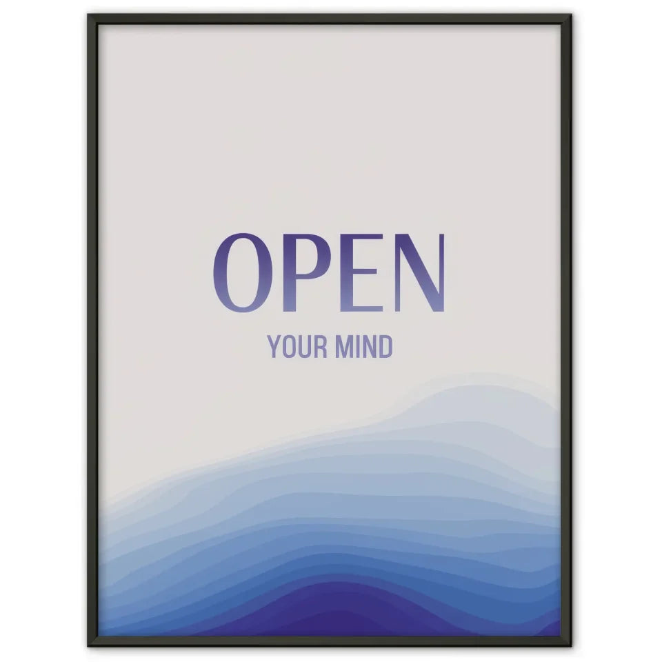 Minimalistisches Poster mit OPEN YOUR MIND auf blauem Hintergrund 1
