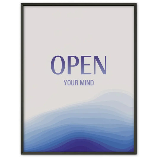 Minimalistisches Poster mit OPEN YOUR MIND auf blauem Hintergrund 1