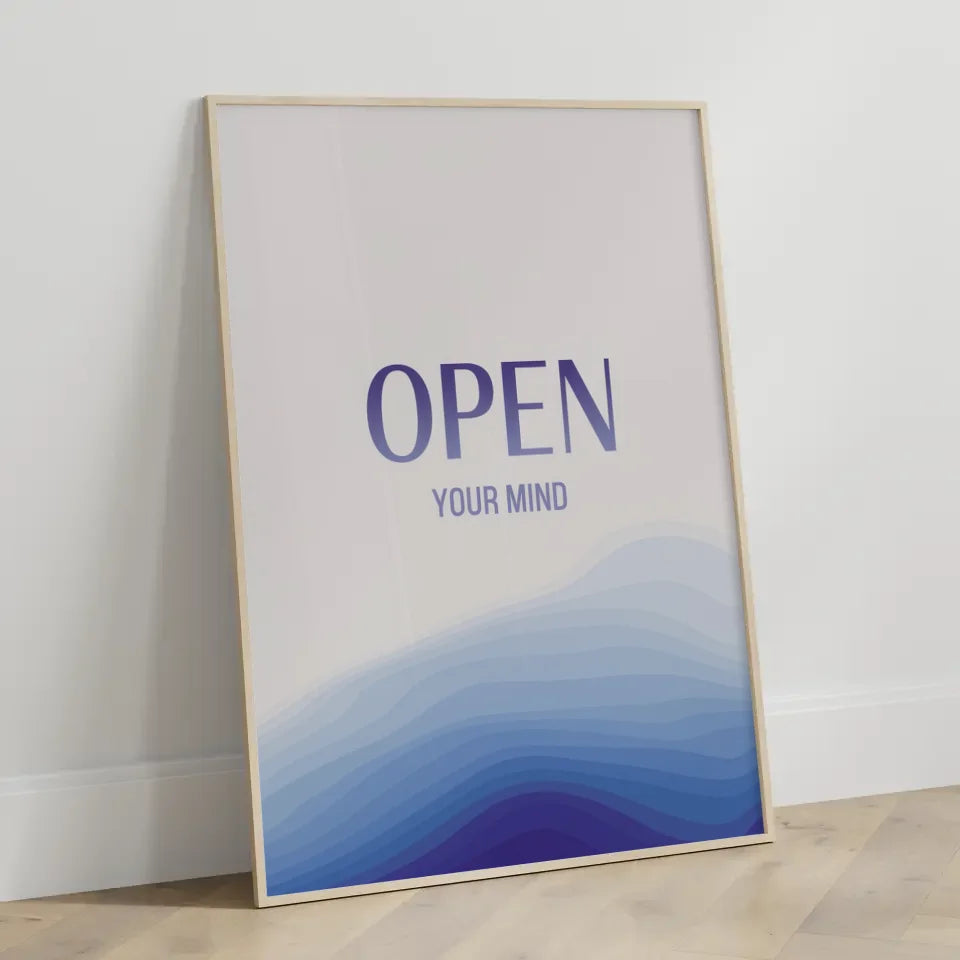 Minimalistisches Poster mit OPEN YOUR MIND auf blauem Hintergrund 3