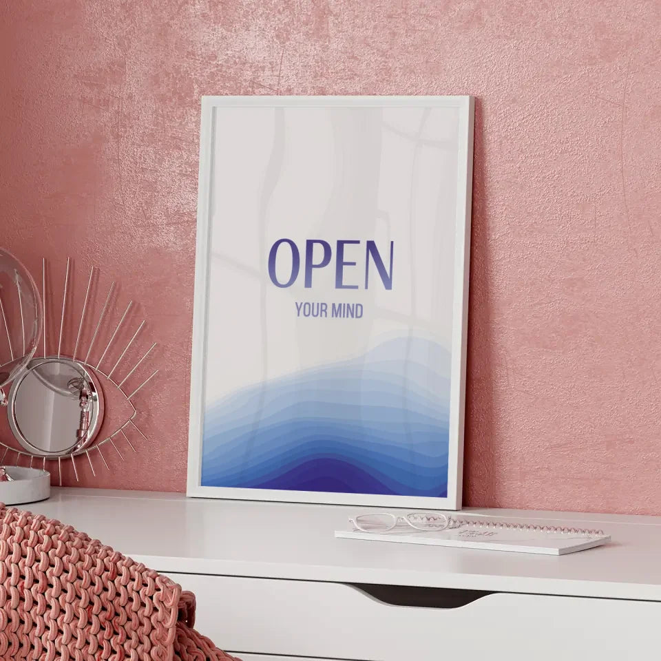 Minimalistisches Poster mit OPEN YOUR MIND auf blauem Hintergrund 5