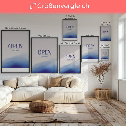 Minimalistisches Poster mit OPEN YOUR MIND auf blauem Hintergrund 7