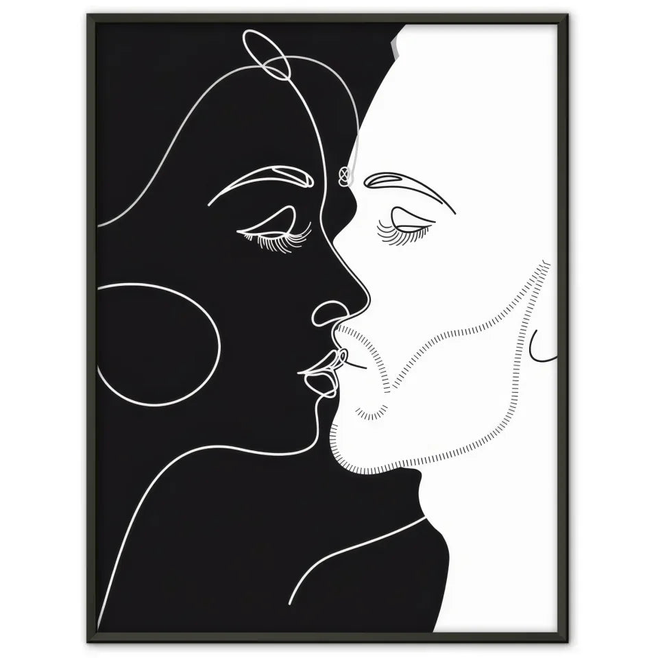Minimalistisches Poster von küssenden Gesichtern in Black White 1