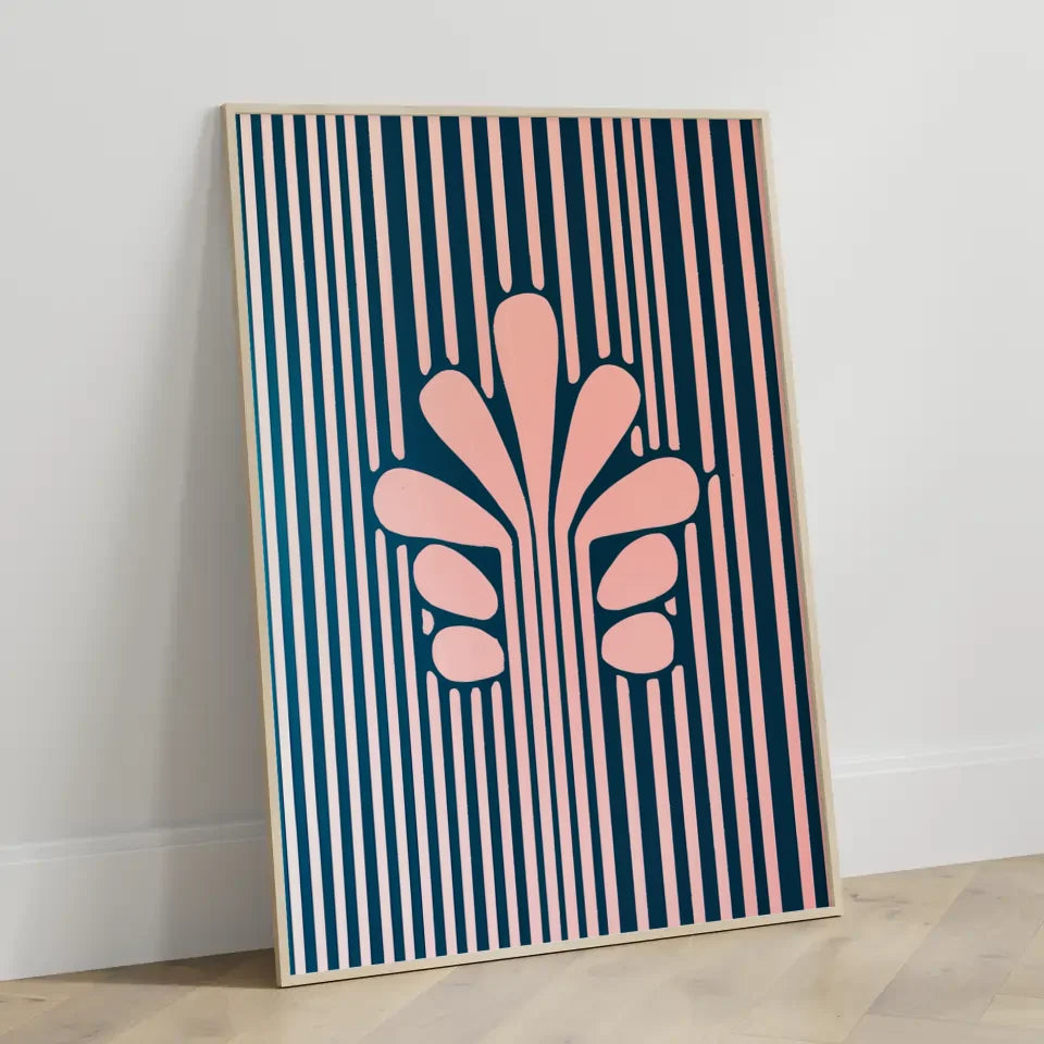 Minimalistisches Poster mit stilisierter Blume in Blau Rosa 3